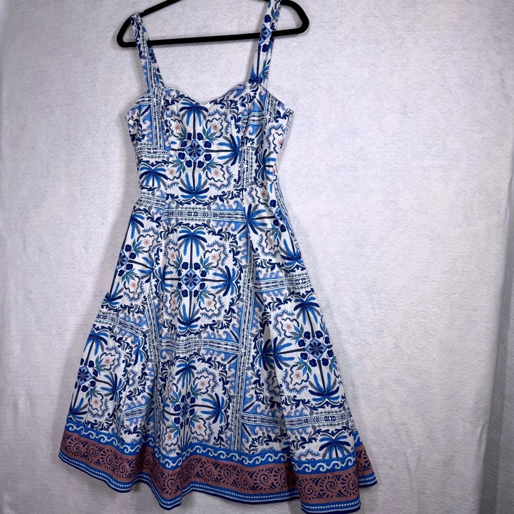 Avec Les Filles Blue White Palm Print Sun Dress Midi Sweetheart Pockets size 8